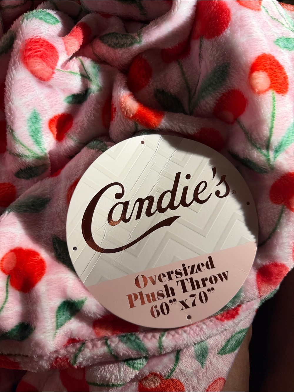 Candie's Pink Plush Throw with Red Cherry Pattern